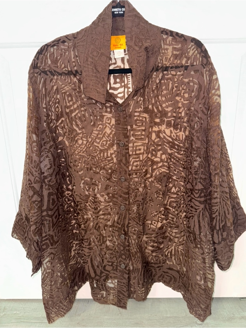 Ruby Rd Woman 22W Brown Burnout Abstract Button Front Blouse Sheer Artsy Plus